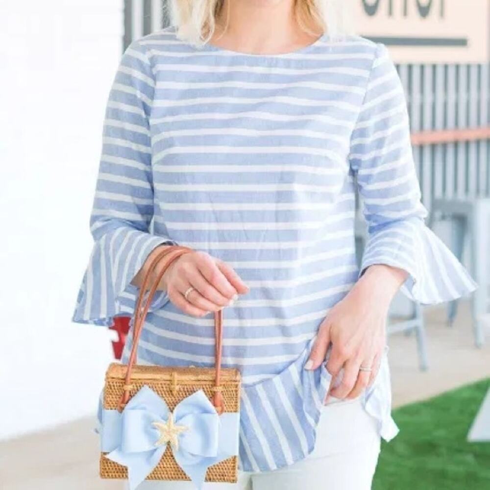 STS Sail to Sable | Blue & White Stripe 3/4 Sleeve Ruffle Hem 100% Cotton Top